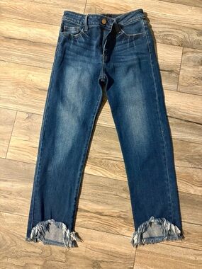 Dark Blue Straight Leg Jeans with Frayed Hem